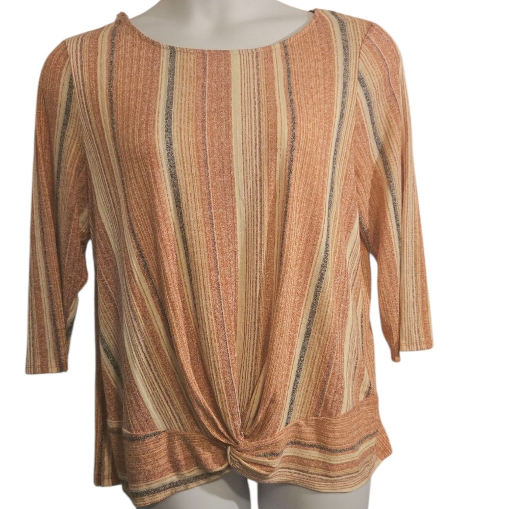 Striped Knot Front Women's Top - Orange and Tan